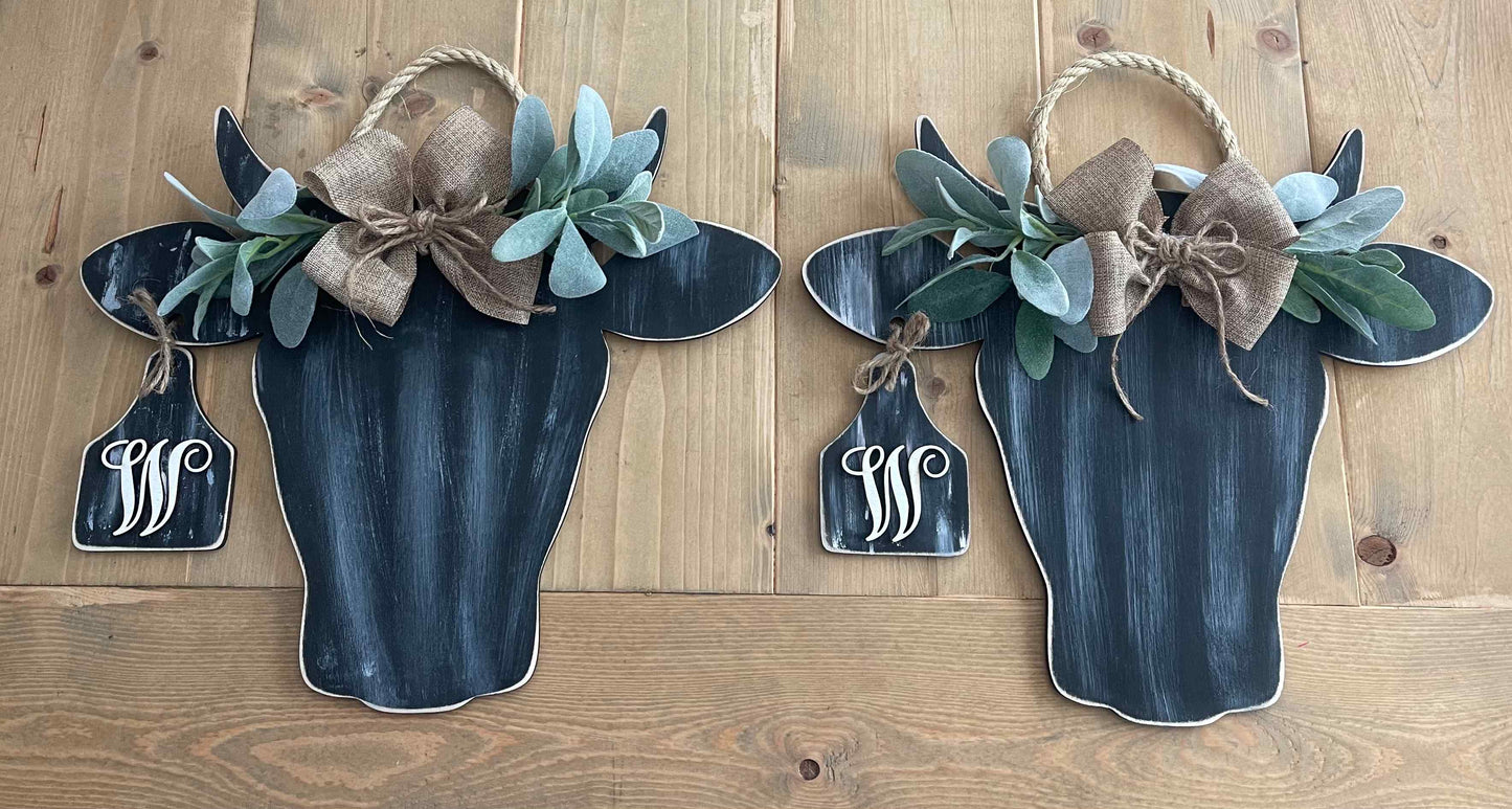 Cow Door Hanger, Cow Sign, Door Sign, Cow with Monogram - Woodland Rustics