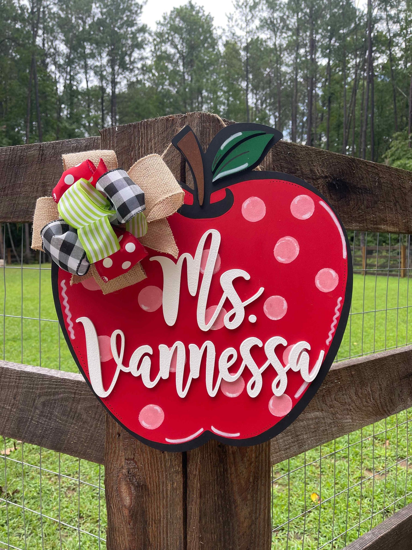 Apple Door Hanger, Teacher Gift, Teacher Door Sign Personalized - Woodland Rustics