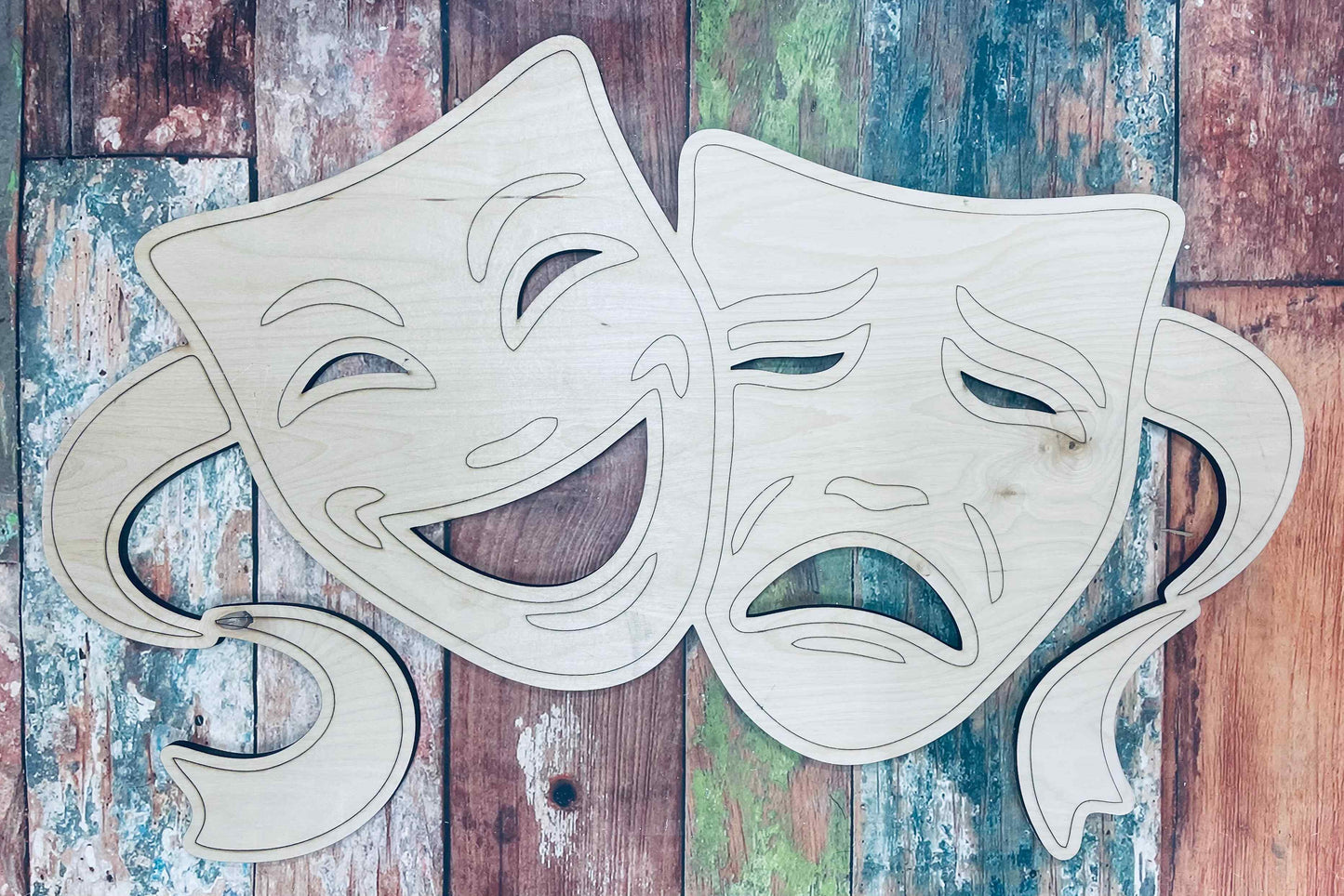 Drama Masks, Happy, Sad, Wall Art, Door Hanger, Craft Cutout, Mardi Gras, Wall Decor - Woodland Rustics