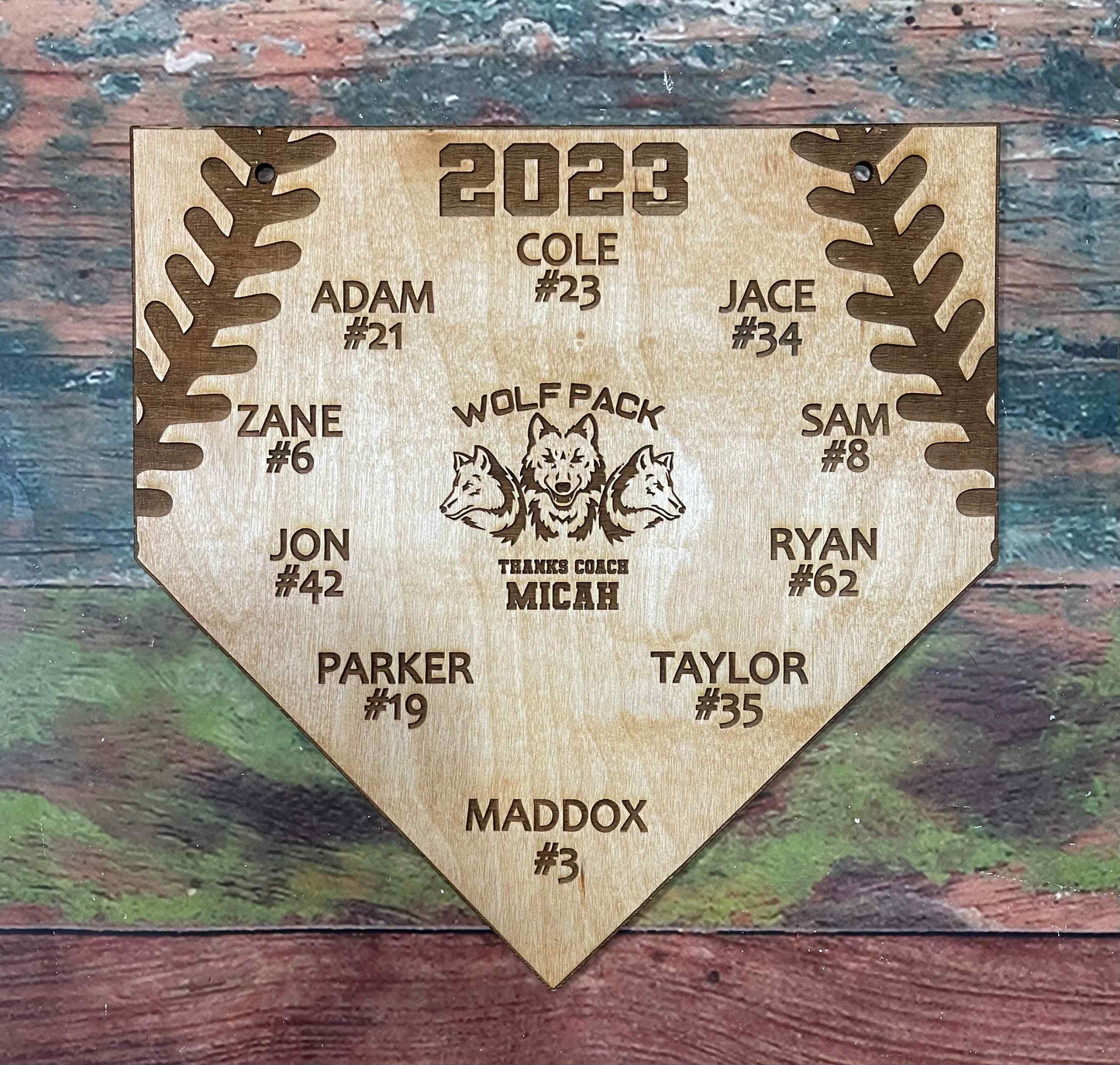Baseball Sign, Home Plate, Wooden Name Award, Baseball Laces, Baseball Threads, Baseball Team Award, Personalized Team Gift, Wolf Pack, Custom - Woodland Rustics