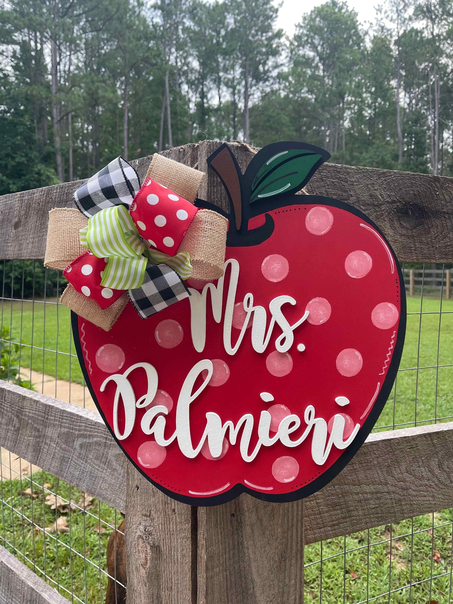 Apple Door Hanger, Teacher Gift, Teacher Door Sign Personalized - Woodland Rustics