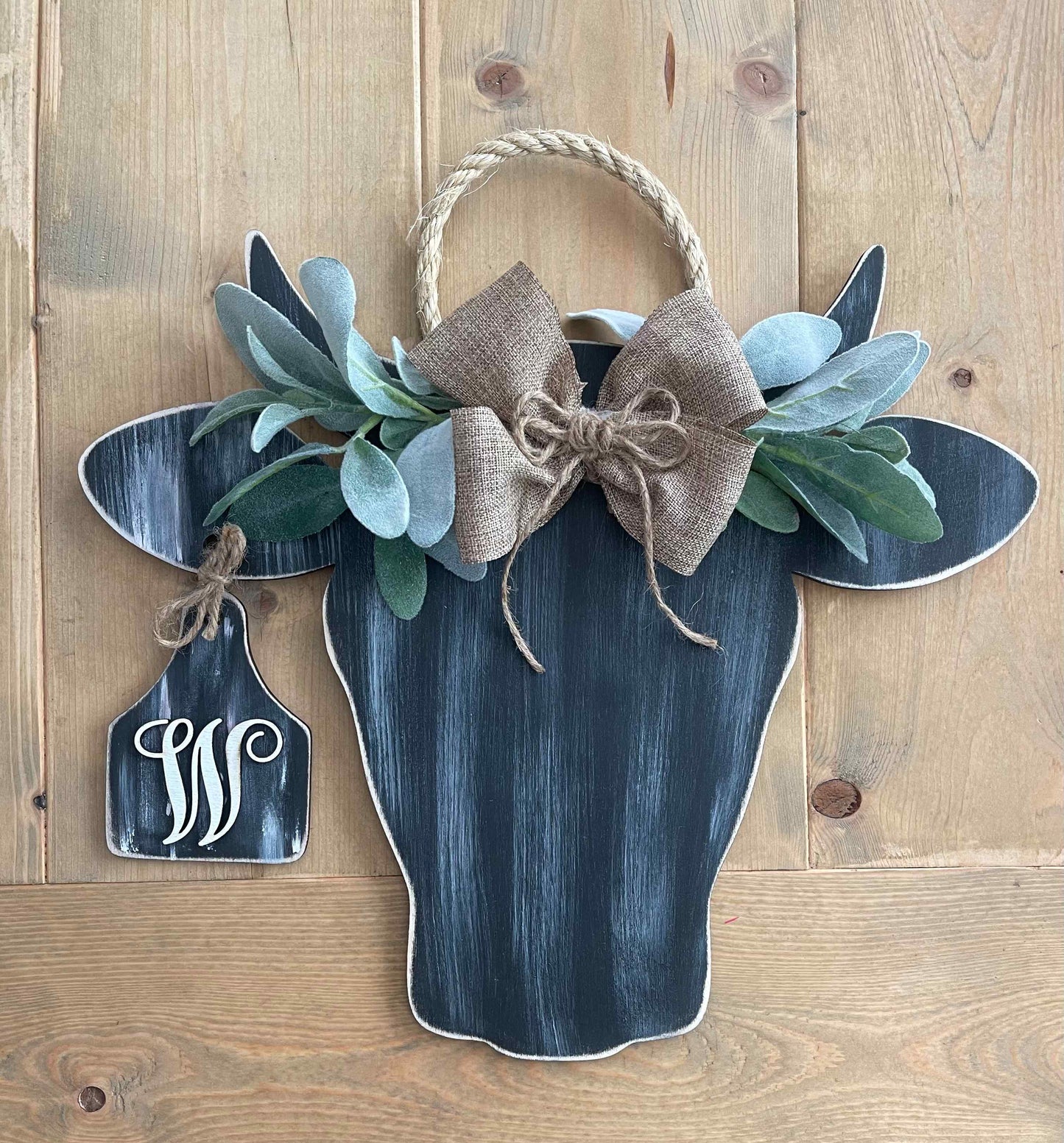 Cow Door Hanger, Cow Sign, Door Sign, Cow with Monogram - Woodland Rustics