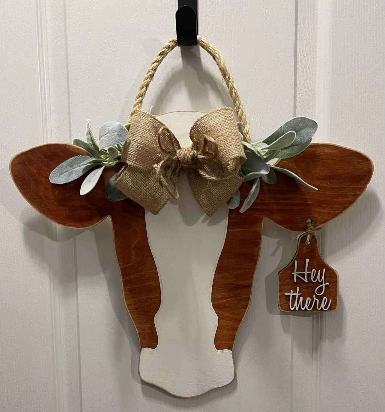 Cow Door Hanger, Cow Sign, Hey There, Door Sign, Personalized - Woodland Rustics